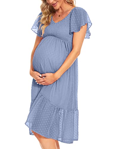 KIM S Maternity Dress Maternity Dress for Photoshoot Baby Shower Dresses for Pregnant Women Maternity Dress Casual Maternity Dress for Baby Shower Blue M