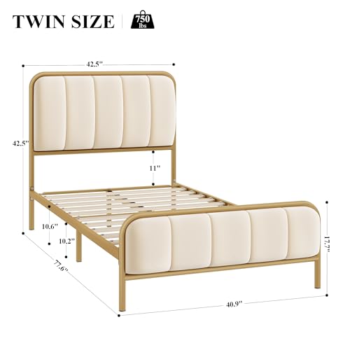 Image of HITHOS Twin Size Bed Frame with Button Tufted Headboard, Upholstered Heavy Duty Metal Mattress Foundation with Wooden Slats, Easy Assembly, No Box Spring Needed (Golden /Off White, Twin)