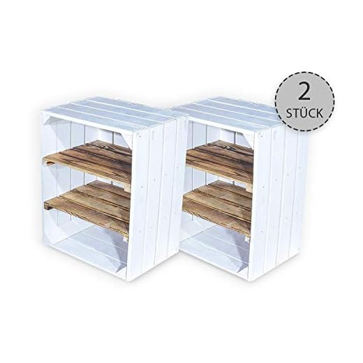 Juego de 2 cajas de fruta con tabla intermedia flameada horizontal – Cajas de madera como zapatero – Shabby Chic – 50 x 30 x 40 cm