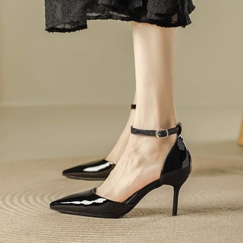Women's Patent Leather Backless Stiletto Pumps Closed Pointed Toe Ankle Strap High Heel Formal Office Sandals Grace Party Wedding Evening Dress Shoes3