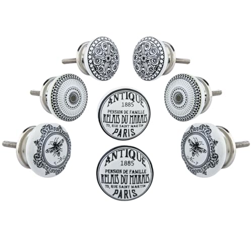 Perilla Home Printed Ceramic Knobs - Set of 8 Assorted Black & White Decorative Cupboard Door & Wardrobe Drawer Pulls Handcrafted Hardware Handle for Home, Kitchen, Bathroom Mix Design Knobs(Style 1)
