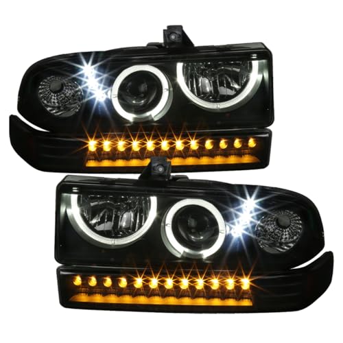Ronnin - Fits 1998-2004 Chevy S10 Blazer Upgrade LED Halo Rims Projector Headlights + LED Turn Signal Bumper Lights Assembly Pair | Black Smoke
