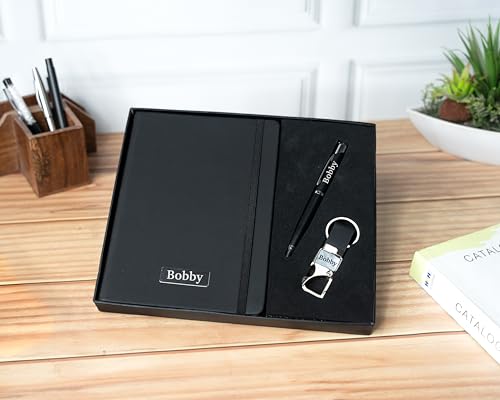 Image of Personalised 3 in 1 Corporate Gift Set which includes Diary,Keychain& Metal Pen. Personlised Gift Set On Rakhi, employee of the month, Personalised Corporate Gift for Clients. (Black)
