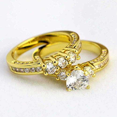 2 Rings His and Hers Couple Rings Bridal Sets Yellow Gold Filled Heart Cz Womens Wedding Ring Sets Man Wedding Bands4