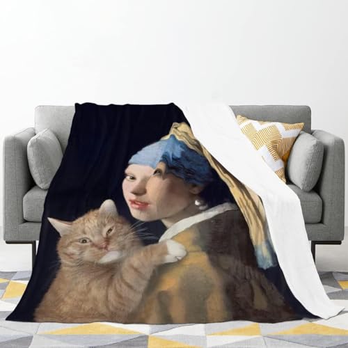 毛布 フランネル 面白い 猫 ヨハネス・フェルメール 真珠の耳飾りの少女 ブランケット シングル blanket 掛け毛布 膝かけ タオルケット 防寒対策 静電気防止 オールシーズン 大判 柔らかい 暖かい ふわふわ 抗菌防臭 防ダニ 子供用 洗える プレ