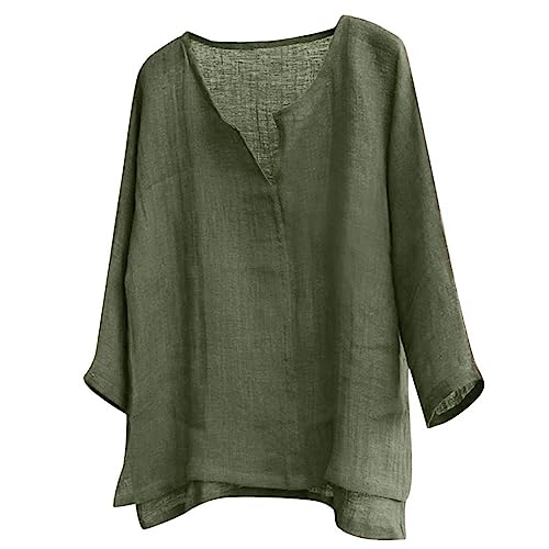 Camiseta de algodón y lino para hombre, manga larga, color sólido, tela transpirable, cómoda y holgada, blusa casual para comodidad durante todo el día en varias estaciones, 0f-verde militar, 4XL