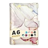 A6 Refillable 6 Ring Faux Leather Budget Binder,Mini Notebook Binder Cover for A6 Filler Paper,Loose Leaf Personal Planner Cover with Magnetic Buckle Closure (Marble Pink)