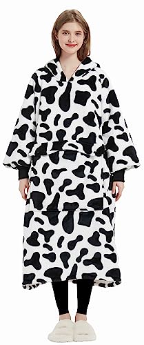 KFUBUO Wearable Blanket Hoodie for Adult Long Sherpa All Patterns Cow Oversized Hoodie Sweatshirt Blanket Cute Birthday Gifts for Women