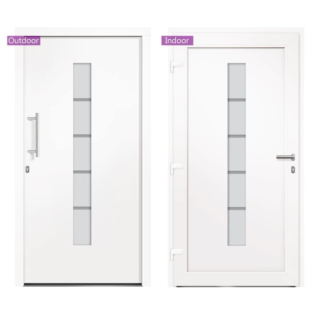 Aluminiowe drzwi wejściowe z PCW białe 100 x 200 cm z 5-krotnym zamkiem bezpieczeństwa i przeszkleniem izolacyjnym do strefy wejściowej