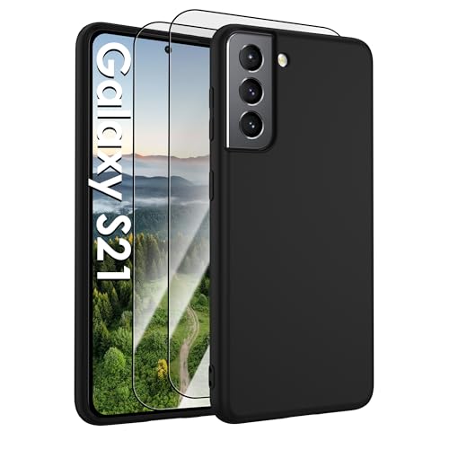 for Samsung Galaxy S21 Case,Liquid Silicone Upgrade [Soft Anti-Scratch Microfiber Lining][2 HD Screen Protector][Full Camera Protection] Shockproof Phone Case for Samsung S21 6.2 inch -Black