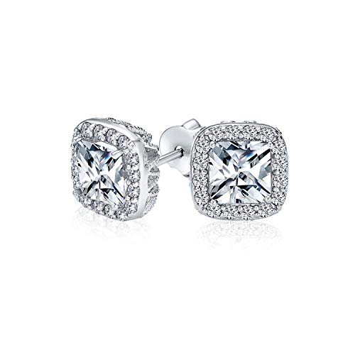 Boucles d'oreilles clous Asscher avec halo pavé éclatant en laiton plaqué argent