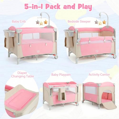 Image of BABY JOY 5-in-1 Pink Pack and Play, Portable Baby Bedside Sleeper with Bassinet, U-Shaped Diaper Changer, Safety Strap, Side Zipper Entrance, Hangings, Bedside Crib Playard from Newborn to Toddlers