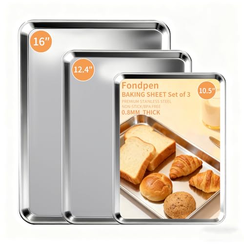 Baking Sheet Set of 3, Stainless Steel Cookie Sheets Baking Sheet Pan, 10.5/12.4/16 Inch, Thicker...