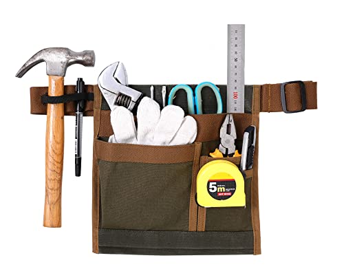 5-Pocket Single Side Tool Belt Pouch/Work Apron, Heavy Duty 16Oz Waxed Canvas, Adjustable Belt With Buckle, Army Green #TOP16