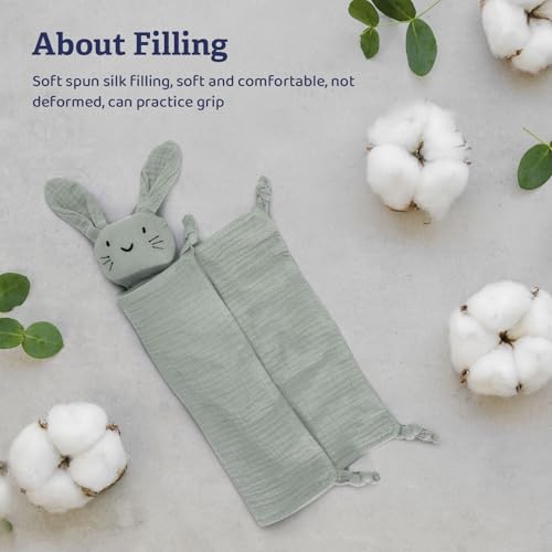 Image of Green Bunny Organic Cotton Muslin Lovey Security Blanket for Newborns | Soft Muslin Comfort, Easy Grip Design, Self-Soothing Support, Baby Shower Gifts