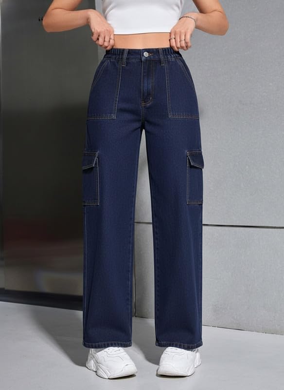 Image of Amazon Brand - INKAST Women Multi-Pocket Denim Cargo Pants Casual Fit Stylish Trousers