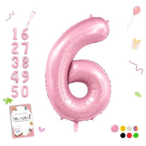 Image of 40 Inch Pink Number 6 Balloon, 6th Birthday Decoration Boys Girls