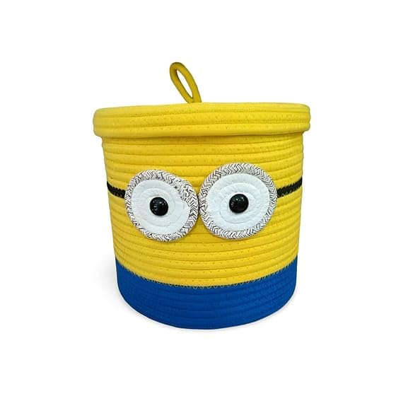 Image of Aroma Brand Kids Lid Basket with Beautiful Characters - Rope Storage Basket for Baby Diaper, Stuffed Animal Storage Bin Rope Basket for Kids Toy, Baby Laundry Baskets with Lid (Yellow Minons)