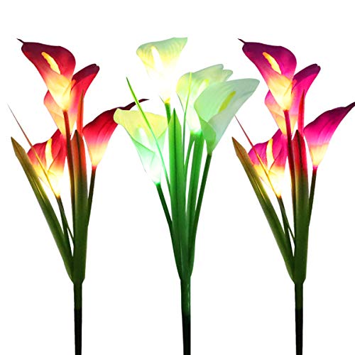 WOSPORTS 3 Pack Solar Lights Outdoor Garden Stake Flower Lights with Total 12 Lily Flower, Multi Color Changing LED Lily Solar Powered Lights for Patio, Lawn, Garden, Yard Decoration