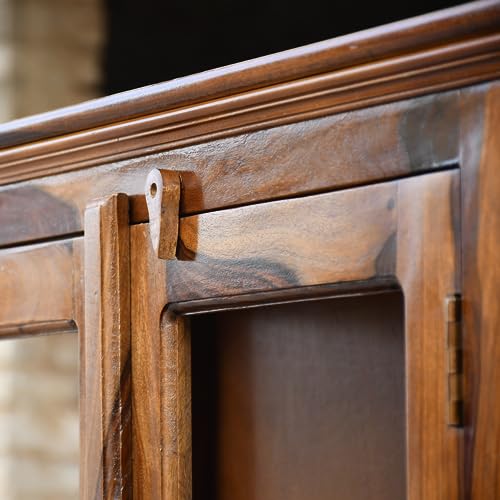 Image of SONA Art & Crafts Wooden Crockery Cabinet with Glass Door | Wooden Book Shelf for Home Library | Bookshelf Crockery Unit for Home & Kitchen Living Room