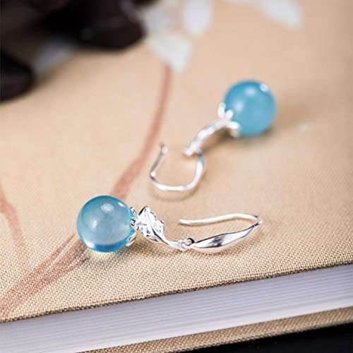 Boucles d'oreilles longue conception feuille S925 aigue-marine rétro
