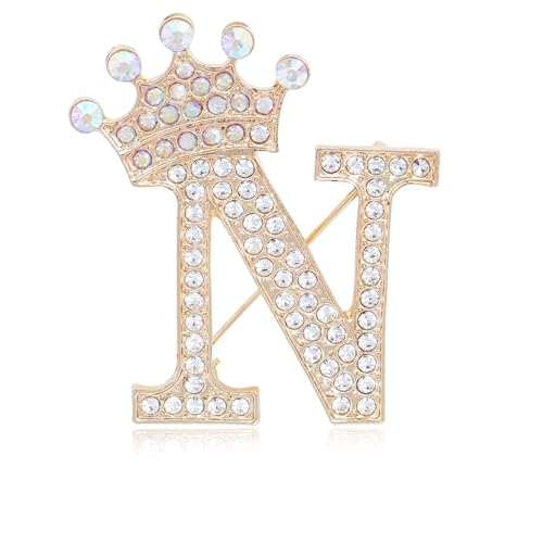 Image of Initial Letter Brooch Pins with Crown for Women Girls Men Boys Personalized Name Brooches Crafts Colorful Rhinestone Brooch Pins Gold A-Z