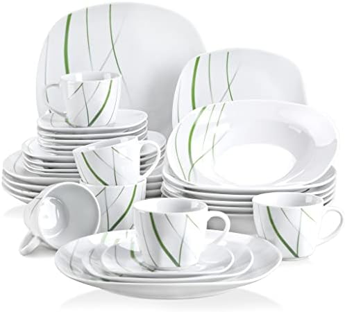 VEWEET 'Aviva' 30-Piece Porcelain Dinner Set Ivory White Green Lines Porcelain Dinner Combi Set with Egg Cup, Mug, Bowl, Dessert Plate, Dinner Plate,Salad Bowl, Service for 12