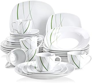 VEWEET 'Aviva' 30-Piece Porcelain Dinner Set Ivory White Green Lines Porcelain Dinner Combi Set with Egg Cup, Mug, Bowl, Dessert Plate, Dinner Plate,Salad Bowl, Service for 12
