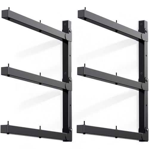 sugitek Heavy-Duty Wall Mounted Lumber Storage Rack, 3-Tier Garage & Indoor Wall Shelving Wood Organizer, 500lb Capacity (Black- 2Pack)