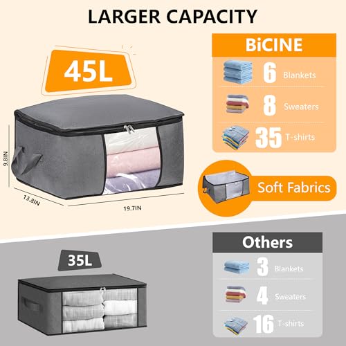 3 Pack Storage Bags, 45L Foldable Clothes Storage Bins with Lids, Closet Organizers Blanket Storage Bags with Zippers Clear Window Sturdy Handles for Clothing Bedding Comforter Sweater Pillows (Gray) - image 2