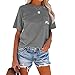 NIUBIA Women's Letter Print Basic Crew Neck Tee Summer Short Sleeve T-Shirt with Pockets Loose Fitting Tops Dark Grey