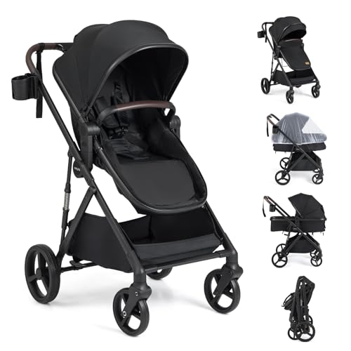 COSTWAY 3 in 1 Kinderwagen faltbar, Kombikinderwagen mit umkehrba...
