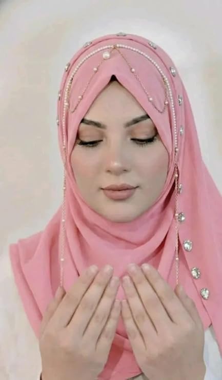 Womens Chiffon Hijab with Elegant Pearl Chain Work Lightweight Breathable Scarf for Girls and Women