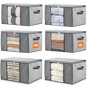 布団収納袋 衣類収納 6枚組 60L:衣替え 収納ケース 布団袋 毛布収納袋 衣装ケース 布 衣類収納袋 不織布 敷布団収納 羽毛布団収納袋 押入れ収納 クローゼット 棚上 収納 引っ越し 強化ハンドル 透明窓付き ダブルスライダーファスナー 折りたたみ式 グレー (長 55cm × 幅 35cm × 高 31.5cm)