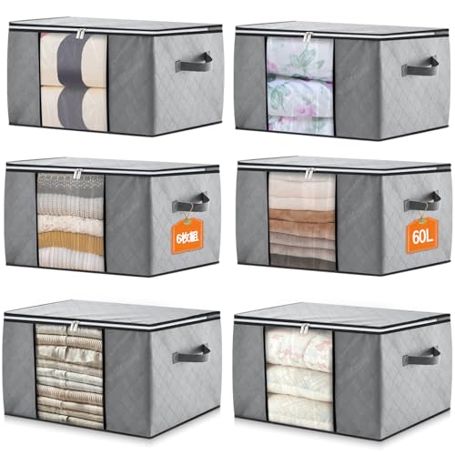 FJANS 布団収納袋 衣類収納 6枚組 60L:衣替え 収納ケース 布団袋 毛布収納袋 衣装ケース 布 衣類収納袋 不織布 敷布団収納 羽毛布団収納袋 押入れ収納 クローゼット 棚上 収納 引っ越し 強化ハンドル 透明窓付き ダブルスライダーファスナー 折りたたみ式 グレー (長 55cm × 幅 35cm × 高 31.5cm)