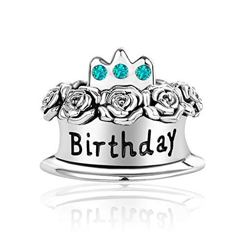Image of Birthstones Happy Birthday Cake Charms Compatible with Pandora Charms Moments Bracelets Candle Crown Celebration Beads