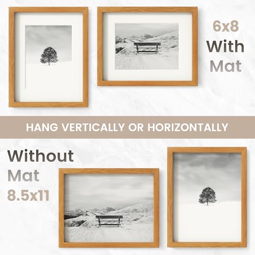 Image of 8.5x11 Picture Frame, USA-Sourced Natural Teak Wood Photo Collage Frame with HD Tempered Glass, Modern Simple 8.5x11 Wooden Frame Matted to 6x8, Gallery Wall Frames for Art, Wall or Tabletop Display