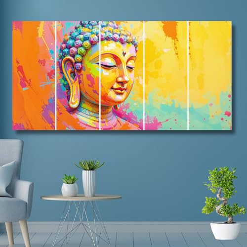 Image of Gautam Buddha MDF Wall Painting with Sparkle Laminated | Big Size Lord Buddha 5 Piece Wall Painting for Living Room Big Size | Wall Decor Items for Home, Office & Bedroom