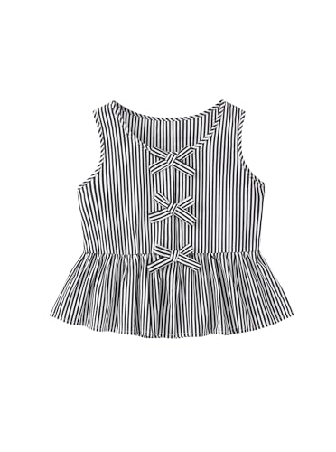 Image of Girls Bowknot Tank Tops Sleeveless Striped Shirts Cotton Peplum Babydoll Top