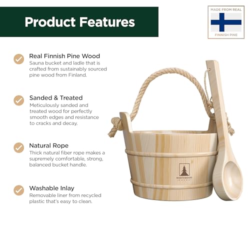 Northwood Sauna - Sauna Bucket and Ladle Set - Handmade from Finnish Pine Wood - Natural Rope Handle - 1 Gallon (4 Liters) Water Capacity - Thumbnail 2