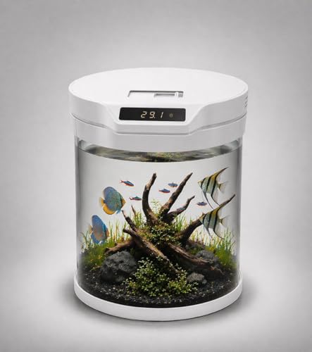 Image of rizopets Q-6 Cylindrical Smart Aquarium Fish Tank with Digital Temperature Display, lamp LED 5 WATT Filter Pump 3 watt Black, Round Shape(Size 31 cm x 31 cm x 36.5 cm.) Capacity 11 litres (White)