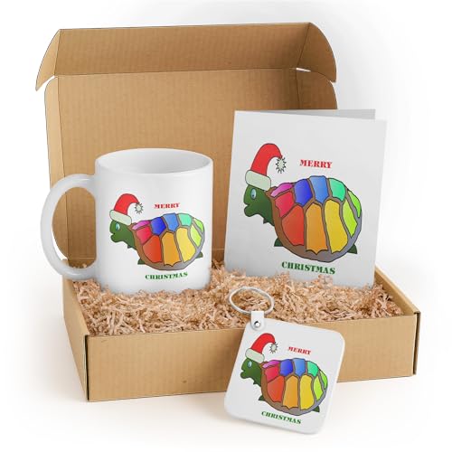 3dRose Merry Christmas Turtle Gift Set with Mug, Keychain, and Card – Colorful Turtle with Santa Hat – Perfect for Kids, Teachers, and Friends
