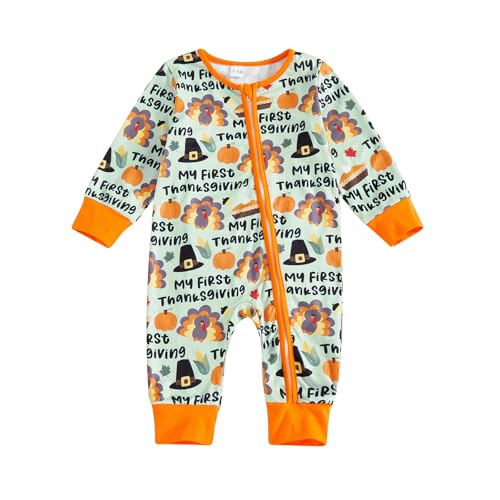 Image of Lamuusaa Newborn Baby Girl Boy Halloween/Thanksgiving Outfit Long Sleeve Pumpkin/Turkey Romper Zipper Jumpsuit 0-12M