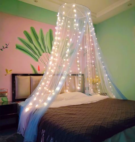Image of Two-Tone Bed Canopy Mosquito Net, Bed Canopy for Girls Room Decor - Insect Protection Hanging Canopy for Indoor(White+Blue,with 250pcs Warm Lights)