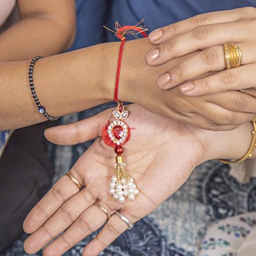 Image of Kaameri Bazaar Rakhi for Brother and Lumba for Bhabhi Hamper Gift Set with Chocokiss Cookies 75g, Trail Mix 35g, Choco Coated Almonds 35g, Roli Chawal, Greeting Card & Premium Gift Box for Raksha Bandhan