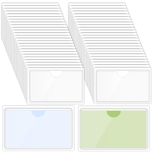 Image of 100 Packs Adhesive Label Storage Bin Pockets Clear Plastic Index Card Pockets Sleeves Adhesive Pouches Card Holders with Top Opening for Storage Bins, Library, Office (3.7 x 2.28'')