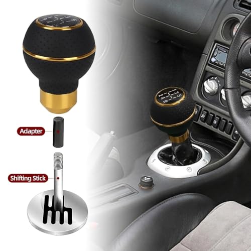Image of AutoBizarre 5 Speed Aluminum Base Metal Ring Leather Covered Gear Knob Gear Shifter Handle Knob for All Manual Transmission Cars (Gold Ring Black Leather)