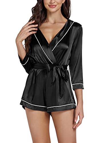 Lyaner Women's Satin Pajamas Romper Wrap V Neck Self Tie Belted 3/4 Sleeve One Peice Sleepwear Jumpsuit Solid Black Small #TOP4
