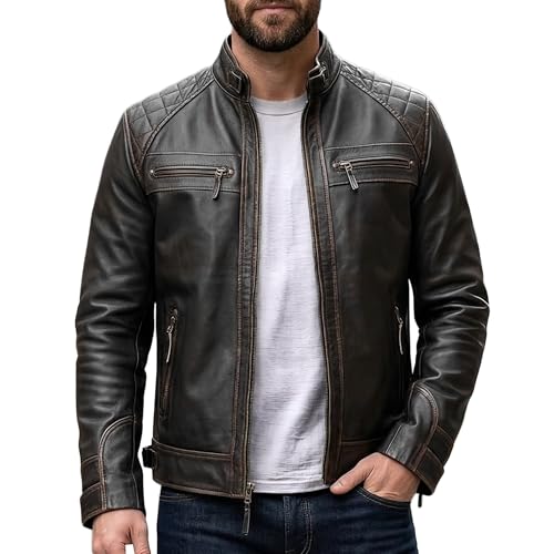 Image of Leather Jacket Men - Real Lambskin Motorcycle Jacket with Snap Tab Collar, Adjustable Waist & Zippered Pockets