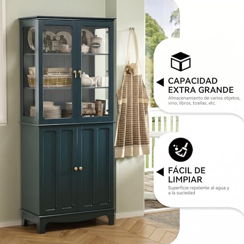 Miniatura 6 de Holtico Armario De Cocina De Pie Con Puerta De Cristal, Armario Alto Clásico Con Estantes Ajustables Para Cocina, Salón Y Comedor, Verde